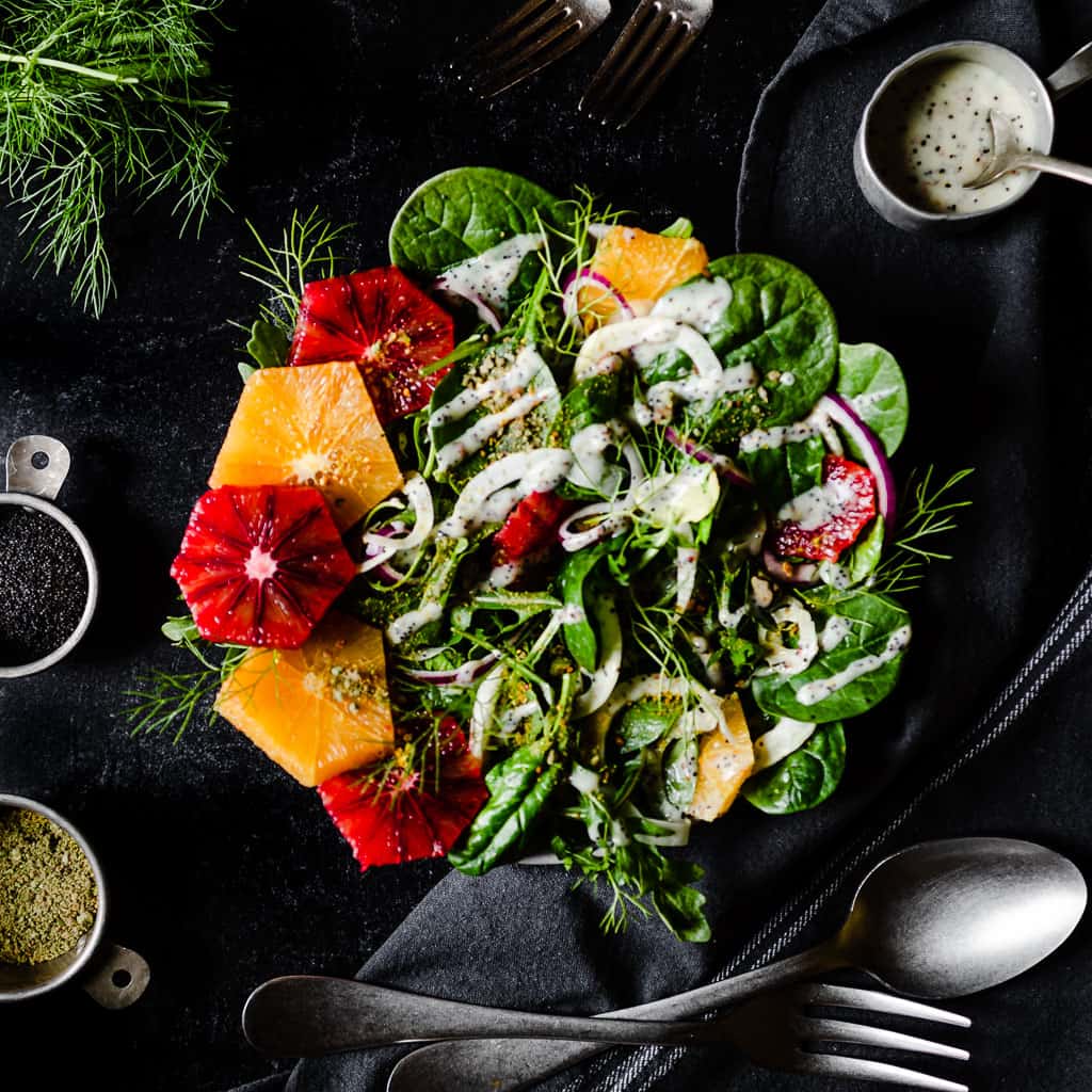 Charred baby gem and orange salad with mustard and poppy seed dressing