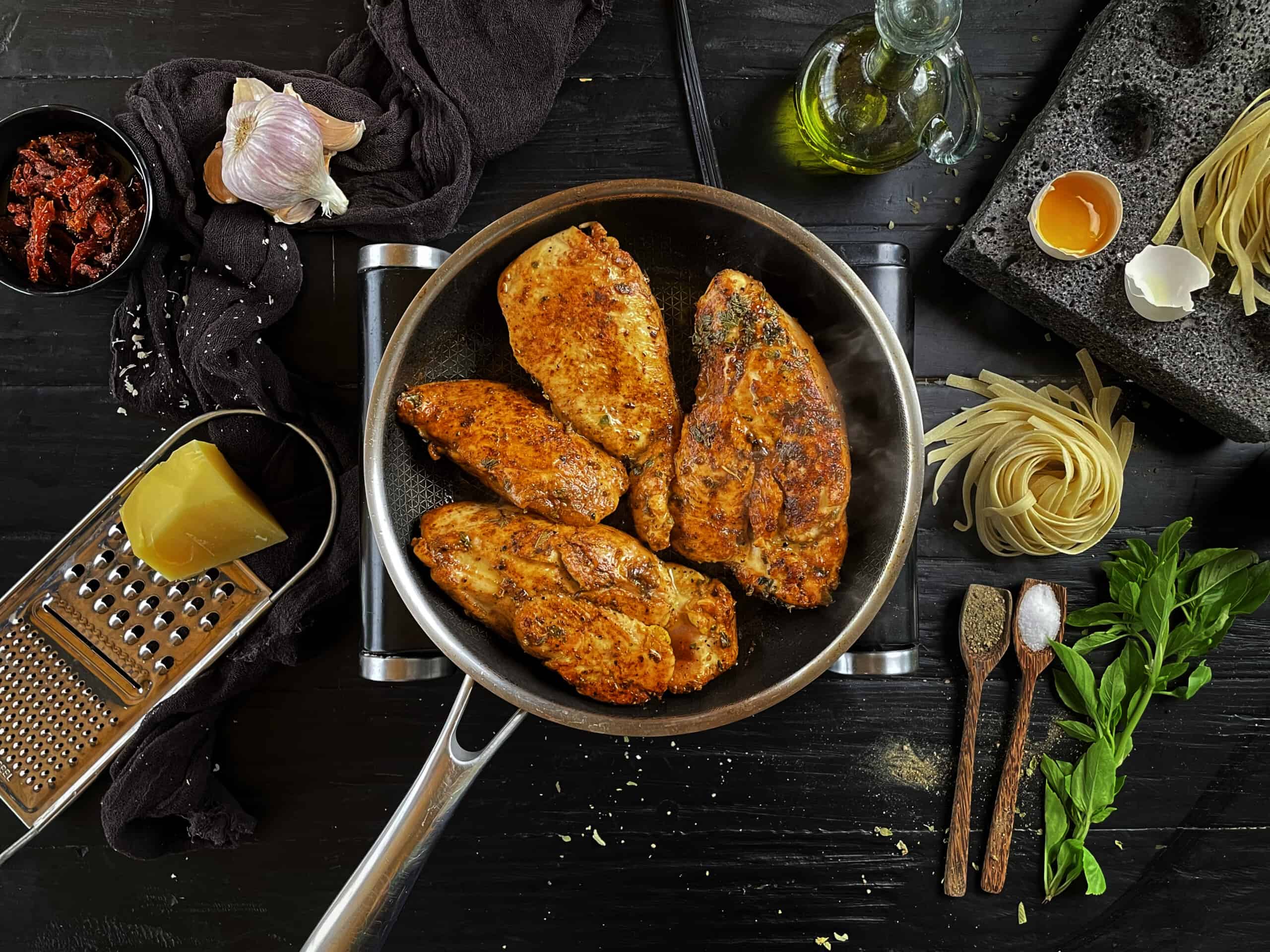 Spiced Chicken breast cooking in a pan