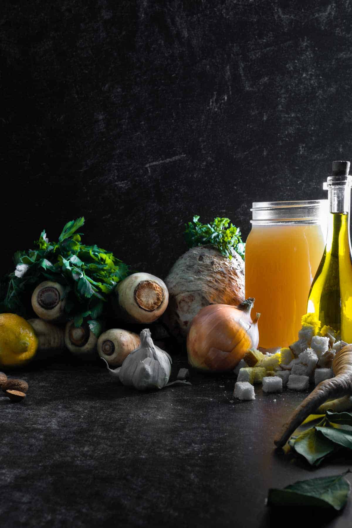 Ingreadents of roasted parsnip soup and Gremolata Croutons 