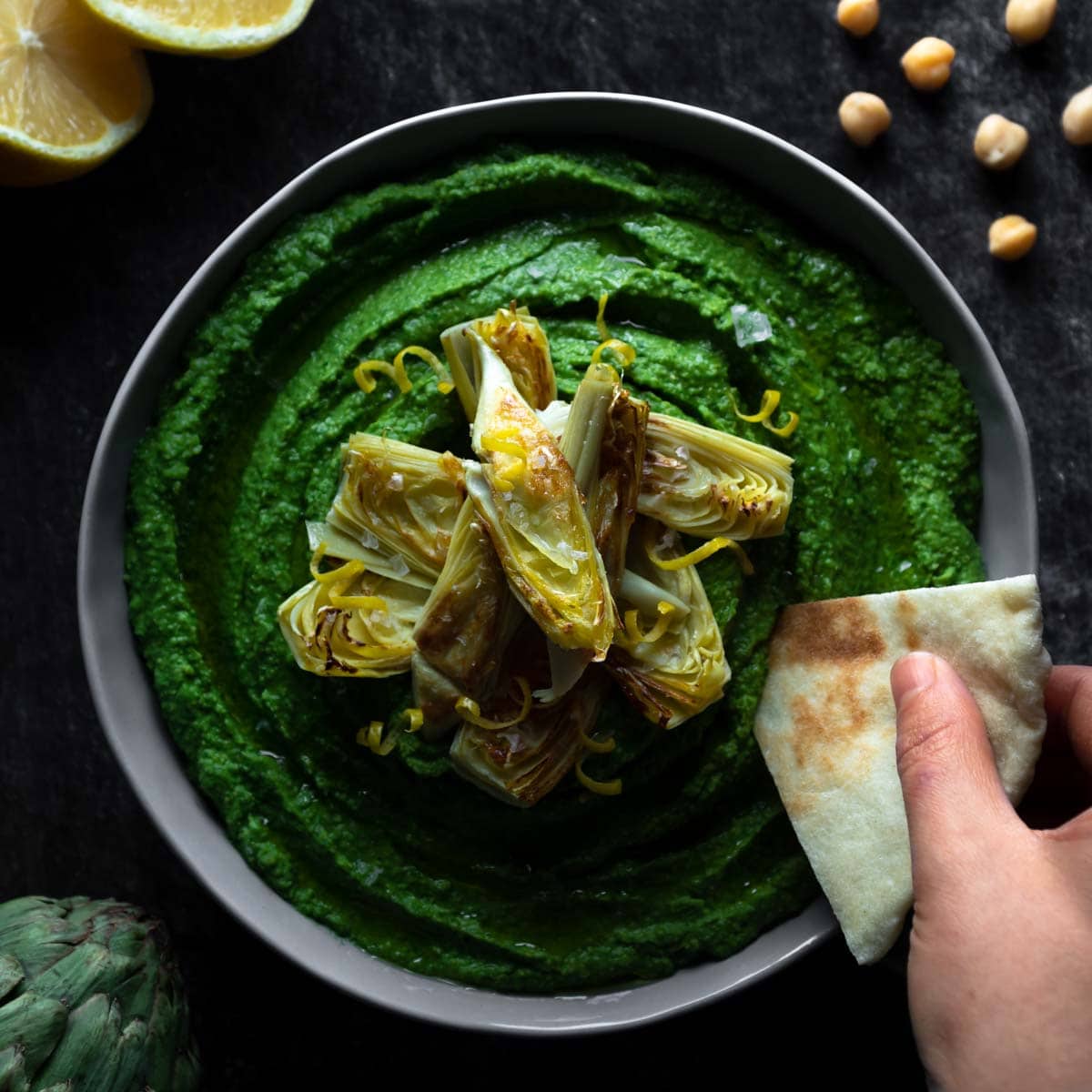 Spinach Hummus with Lemon Artichokes - The Sage Apron
