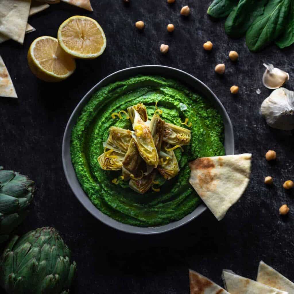 Spinach Hummus with Lemon Artichokes - The Sage Apron