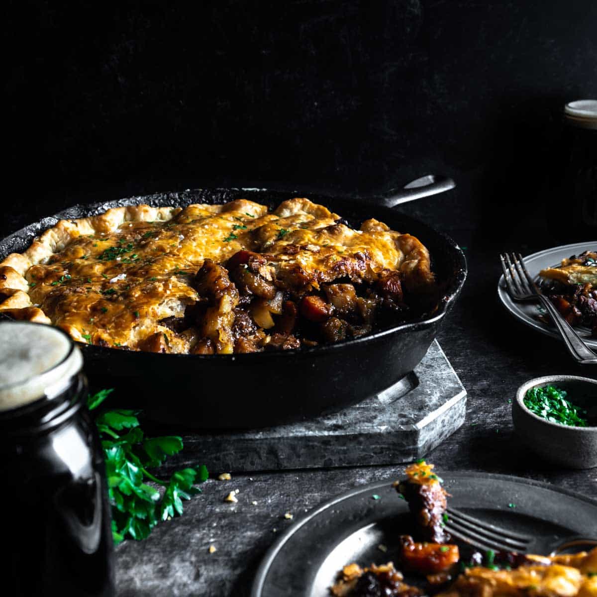 A hearty feast of Irish Stout Braised Lamb Pie