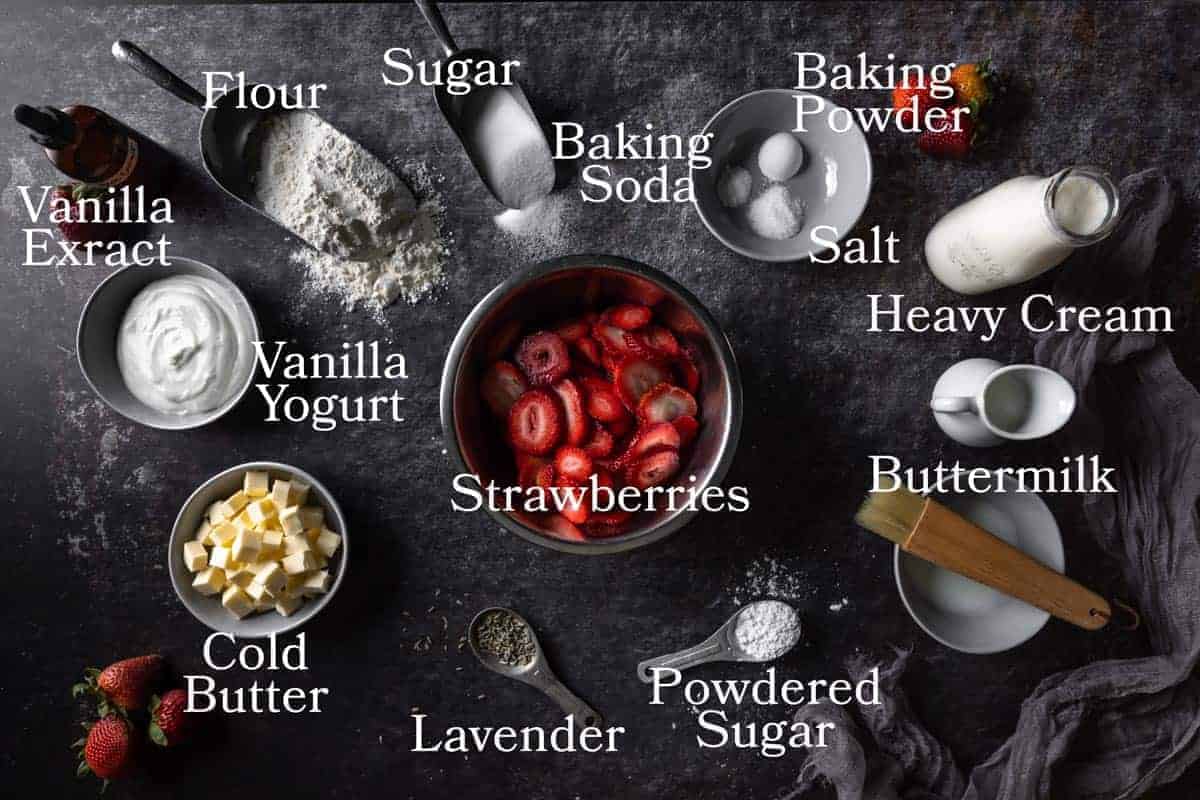 an image of all the ingredients needed to make Lavender Strawberry Shortcake