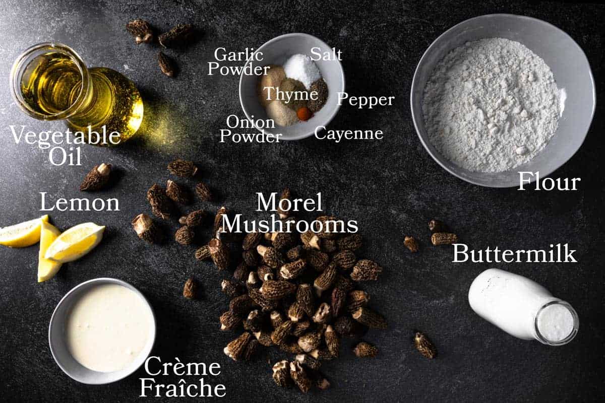 ingredients to make fried morels mushrooms with a Lemon Crema