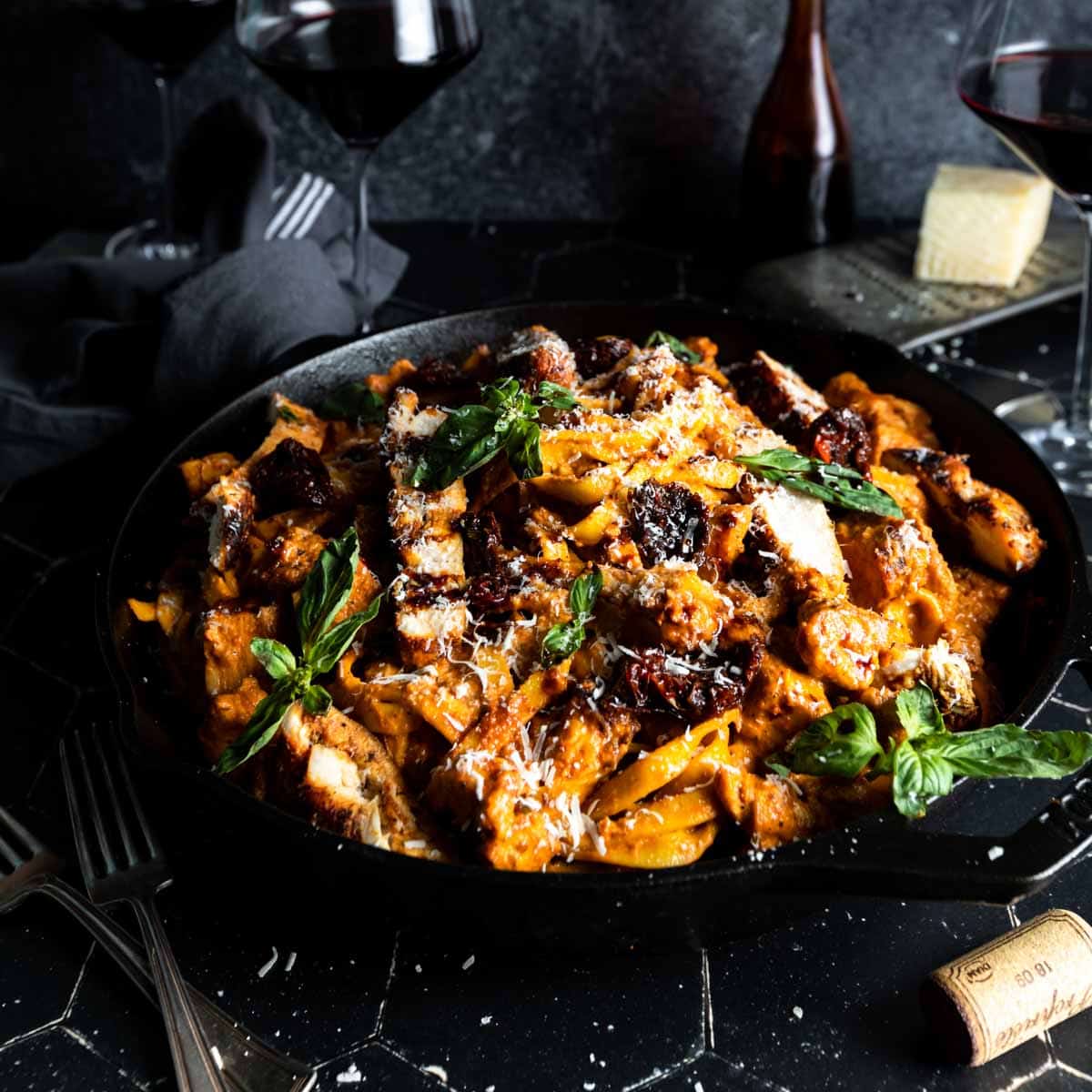 A skillet of chicken fettuccine in sun dried tomato cream sauce next to forks, cheese and wine