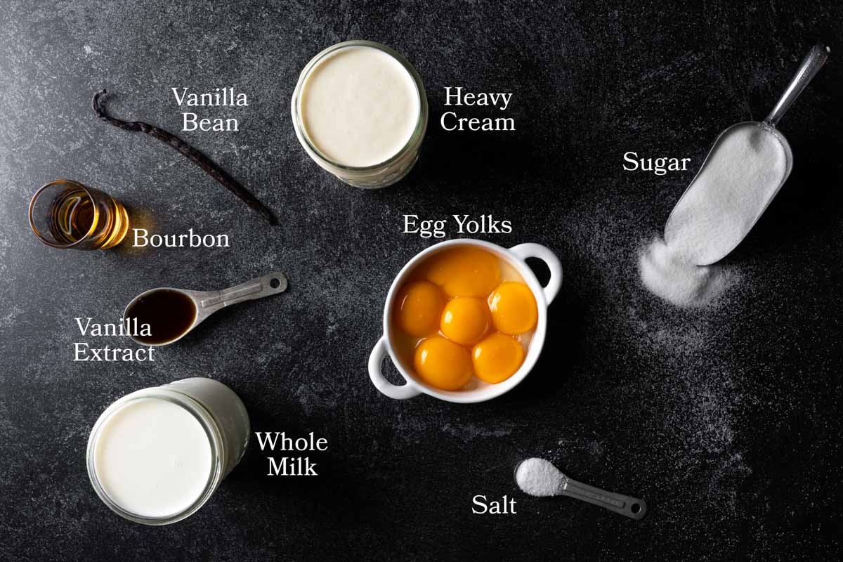 Ingredient shot for vanilla bean ice cream: whole milk, heavy cream, sugar, egg yolks, salt, vanilla bean, vanilla extract and bourbon