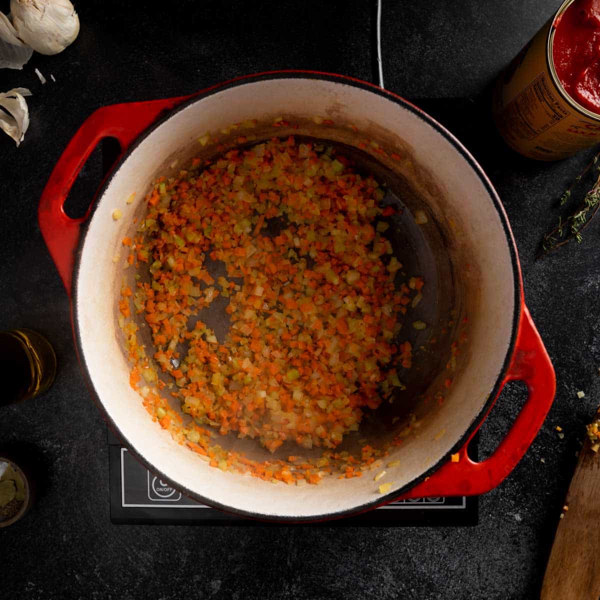 Italian soffrito cooking in a large dutch oven