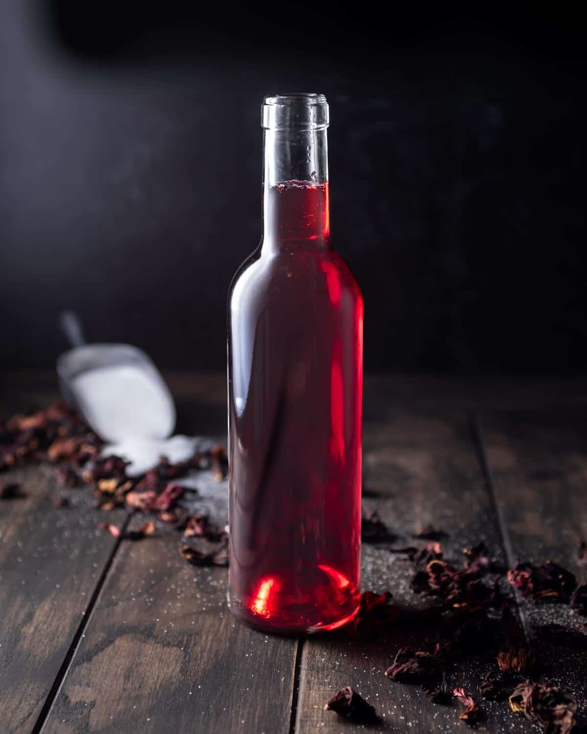 A bottle of red hibiscus syrup