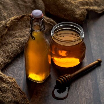 A jar of honey and honey syrup