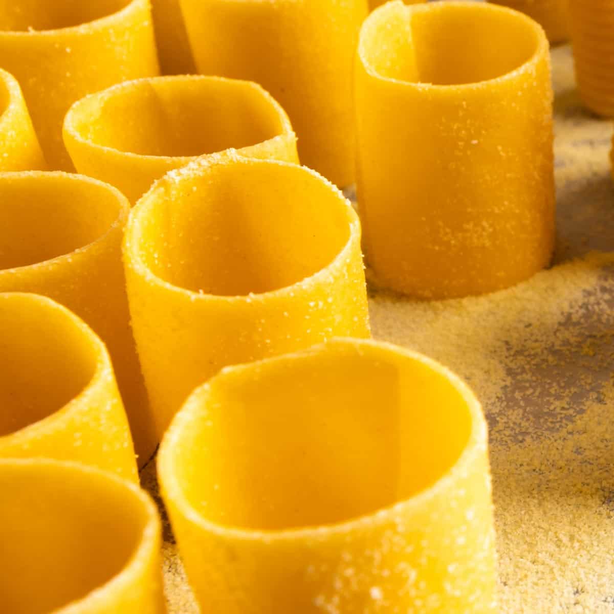Rows of homemade paccheri standing up right on a sheet tray
