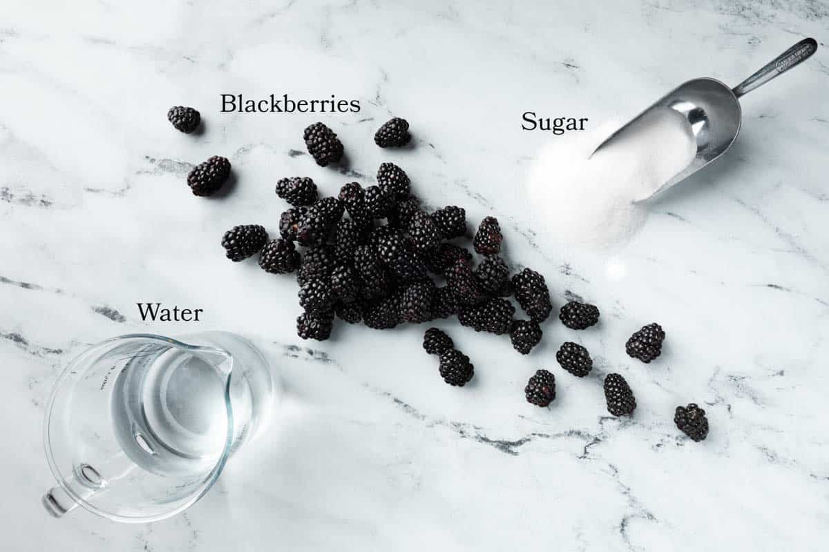 A photo of fresh blackberries, water and a scoop of sugar