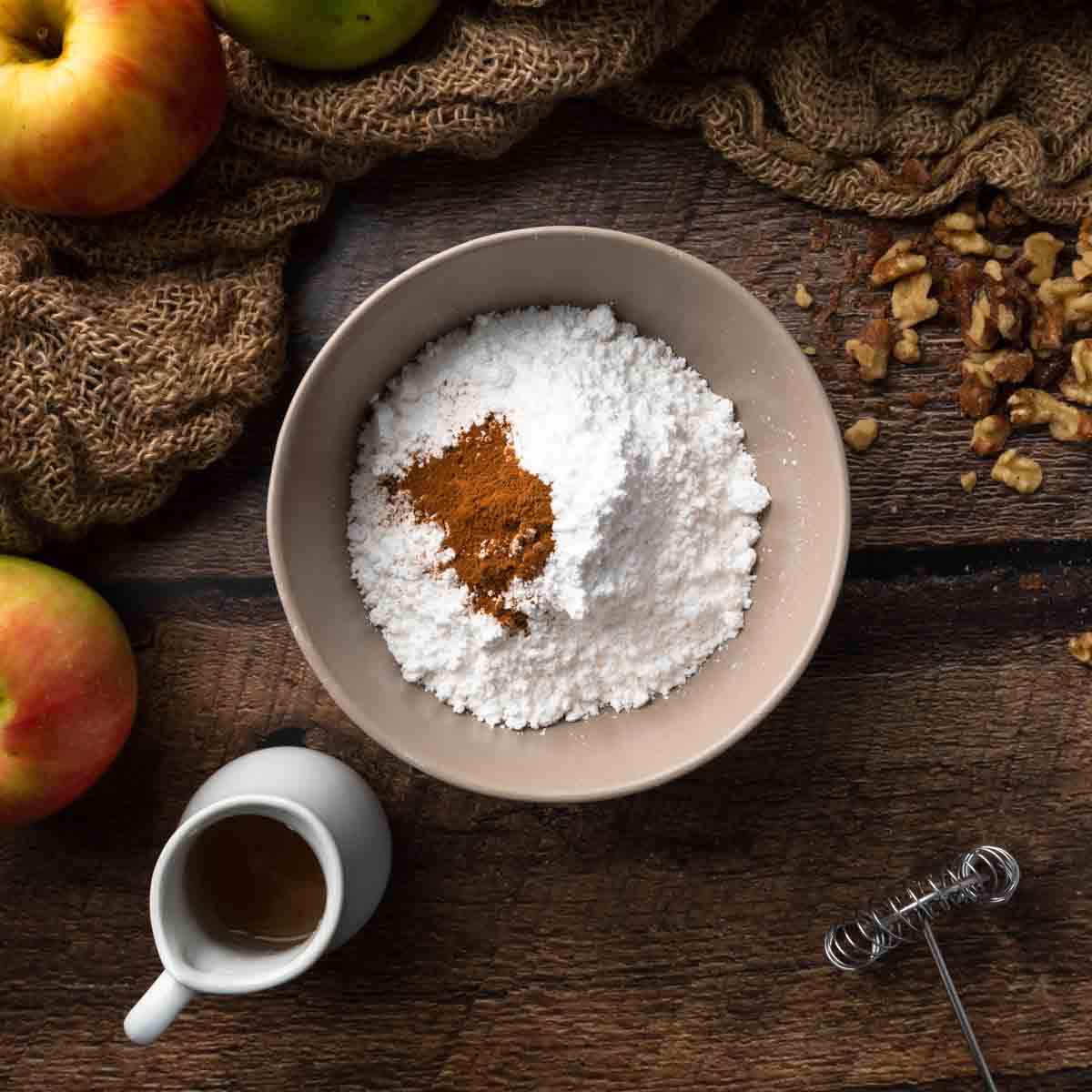 Ingredients for cider glaze icing and walnut topping