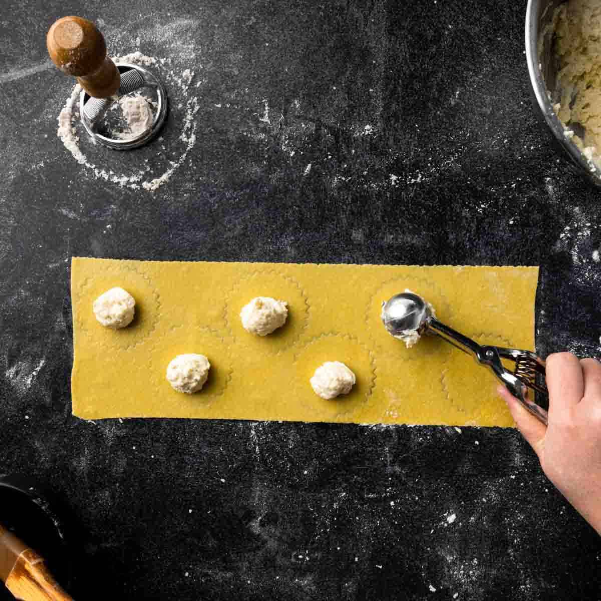 Scooping ravioli filling onto the sheet of fresh pasta.