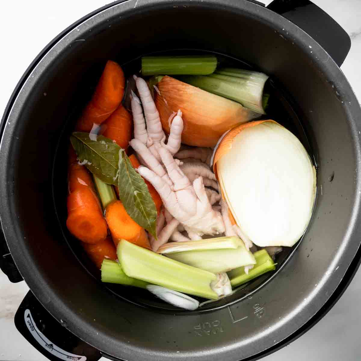 An instant pot filled with chicken stock ingredients.