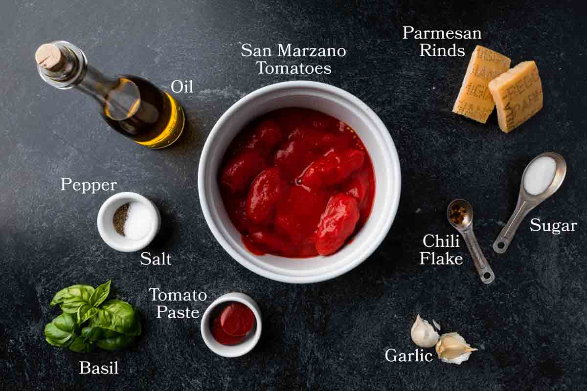 Ingredients for quick San Marzano tomato sauce.