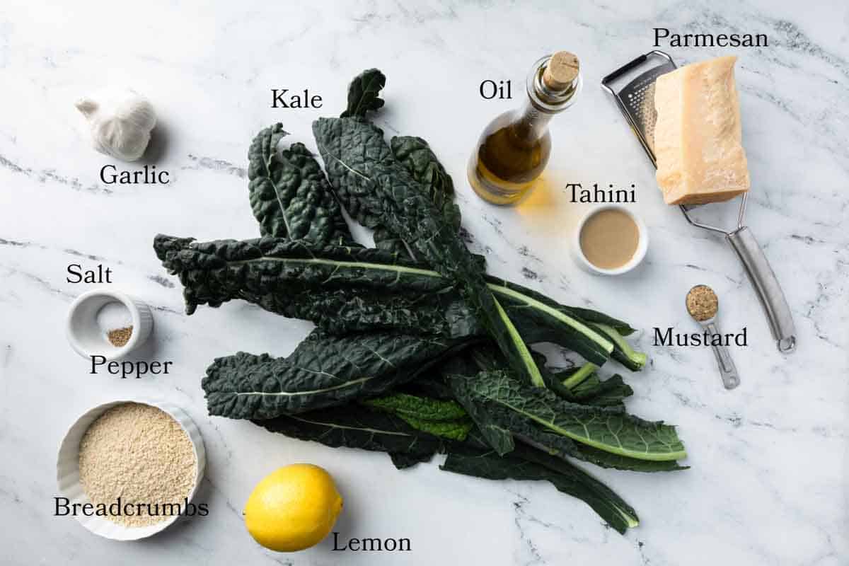 Ingredients to make Tuscan Kale Salad and tahini dressing.