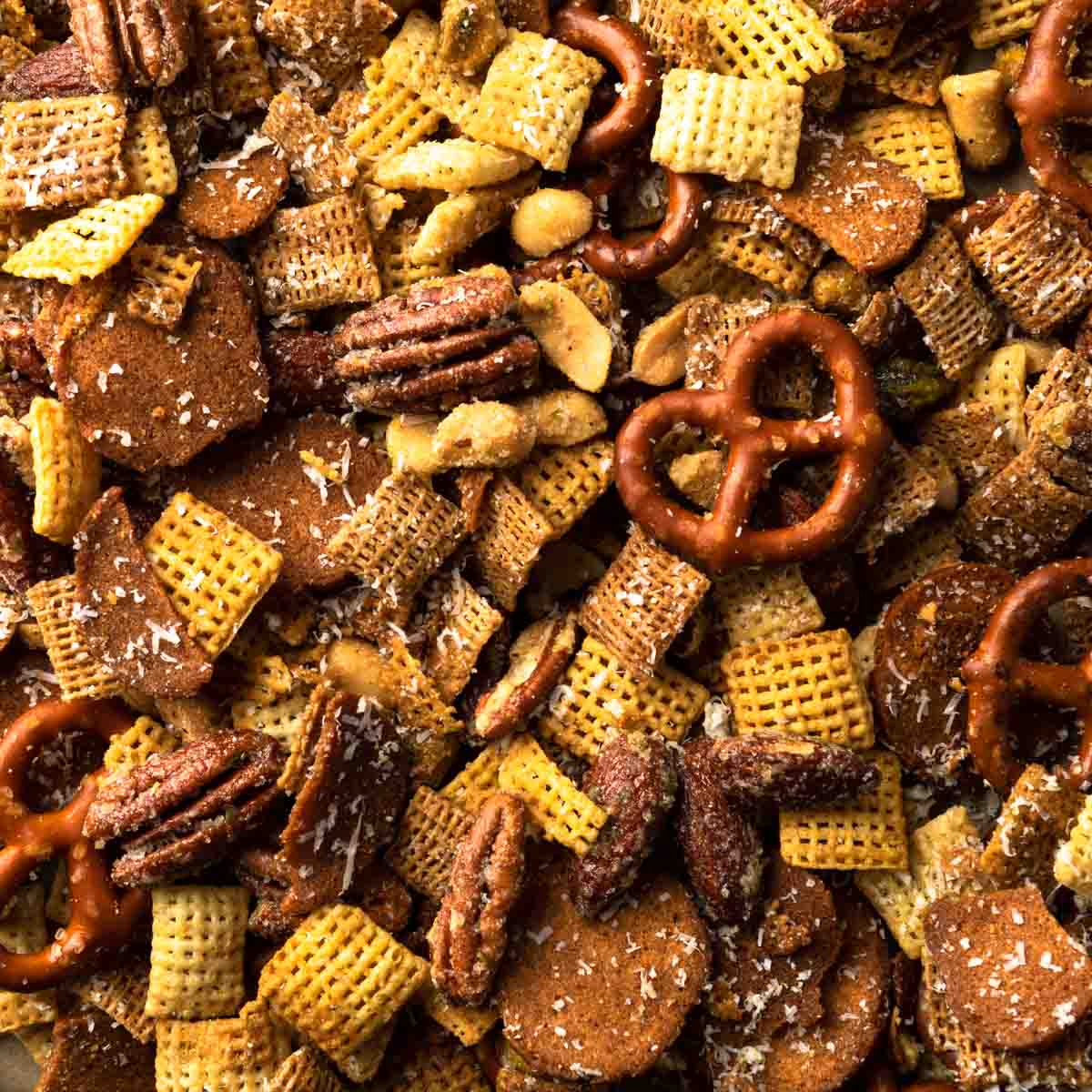A close up of Parmesan baked Chex mix.