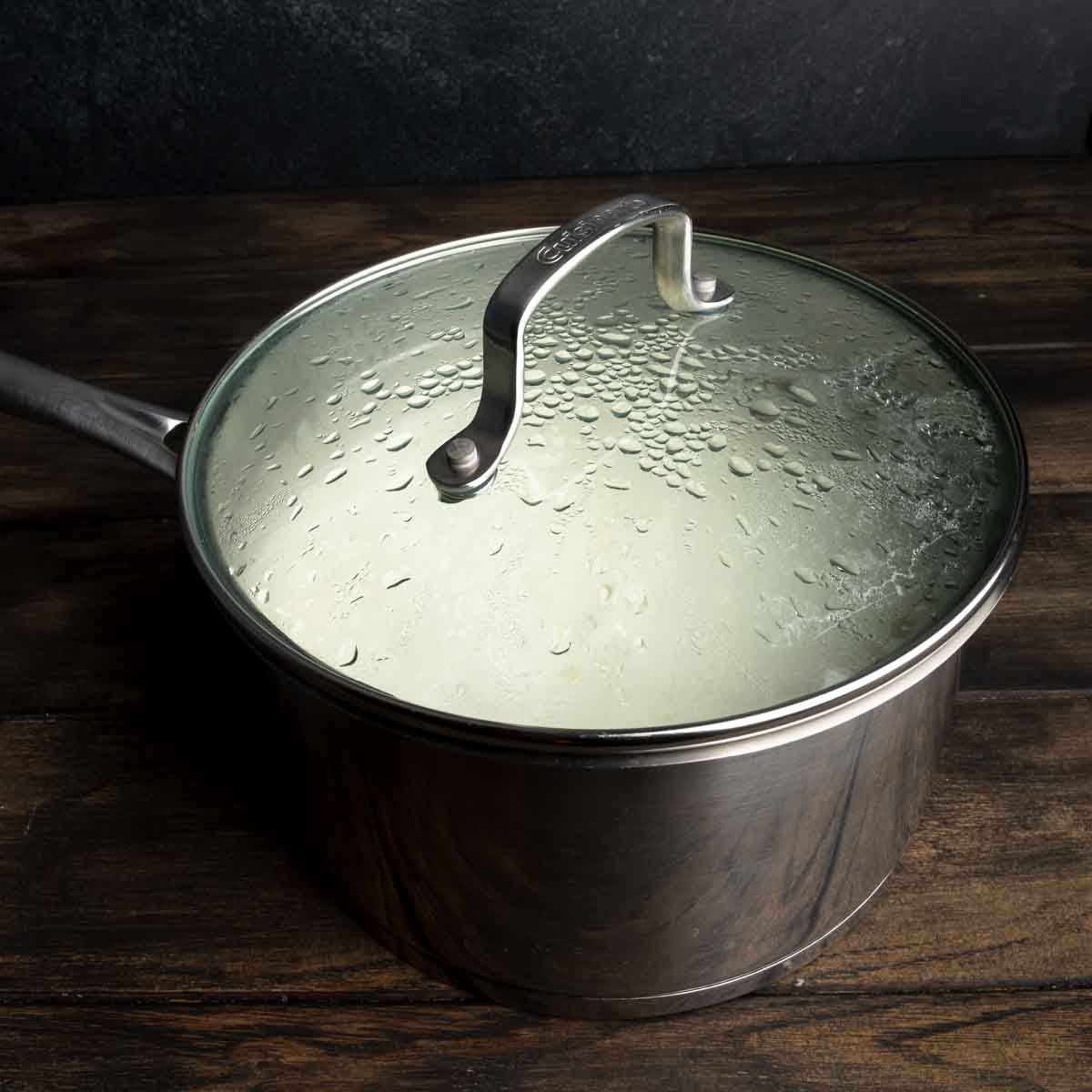 A covered pot of ricotta cheese resting on the countertop. 