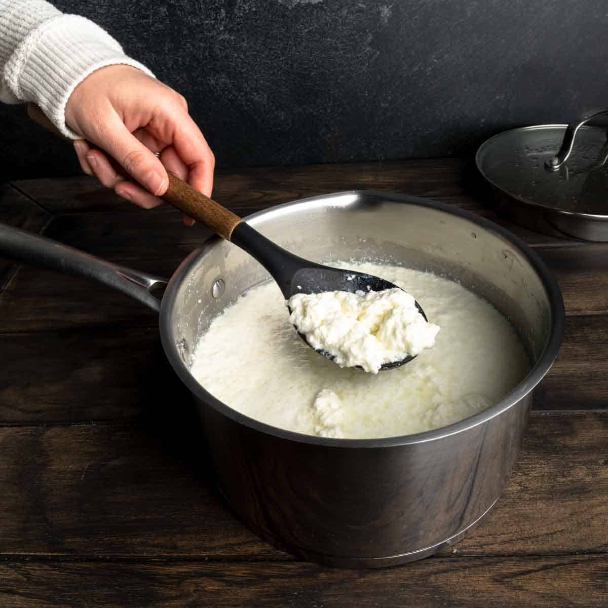 Ladling the curds of fresh ricotta out of the pot of curds and whey.