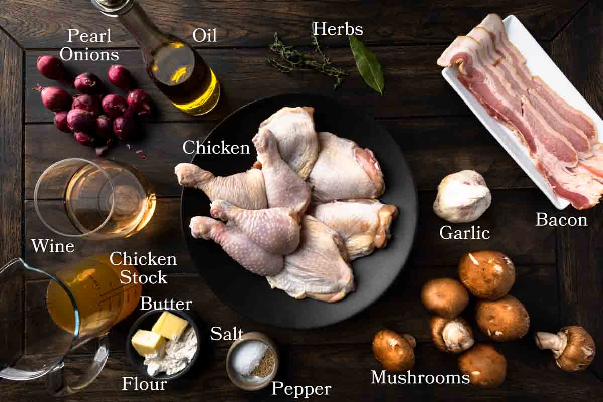 Ingredients needed for making coq au vin blanc.