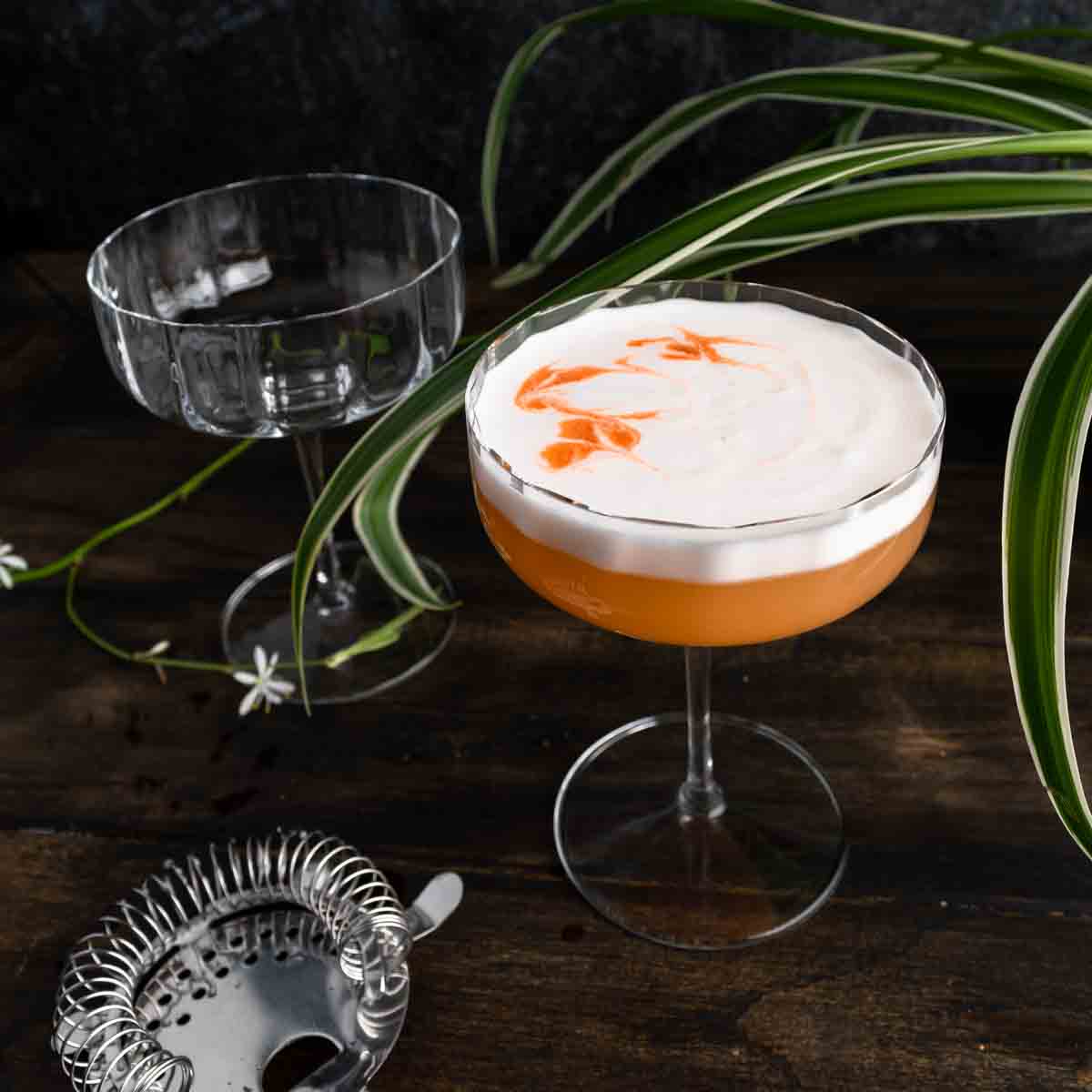 A mezcal sour cocktail with a layer of whipped egg white and swirls of bitters.