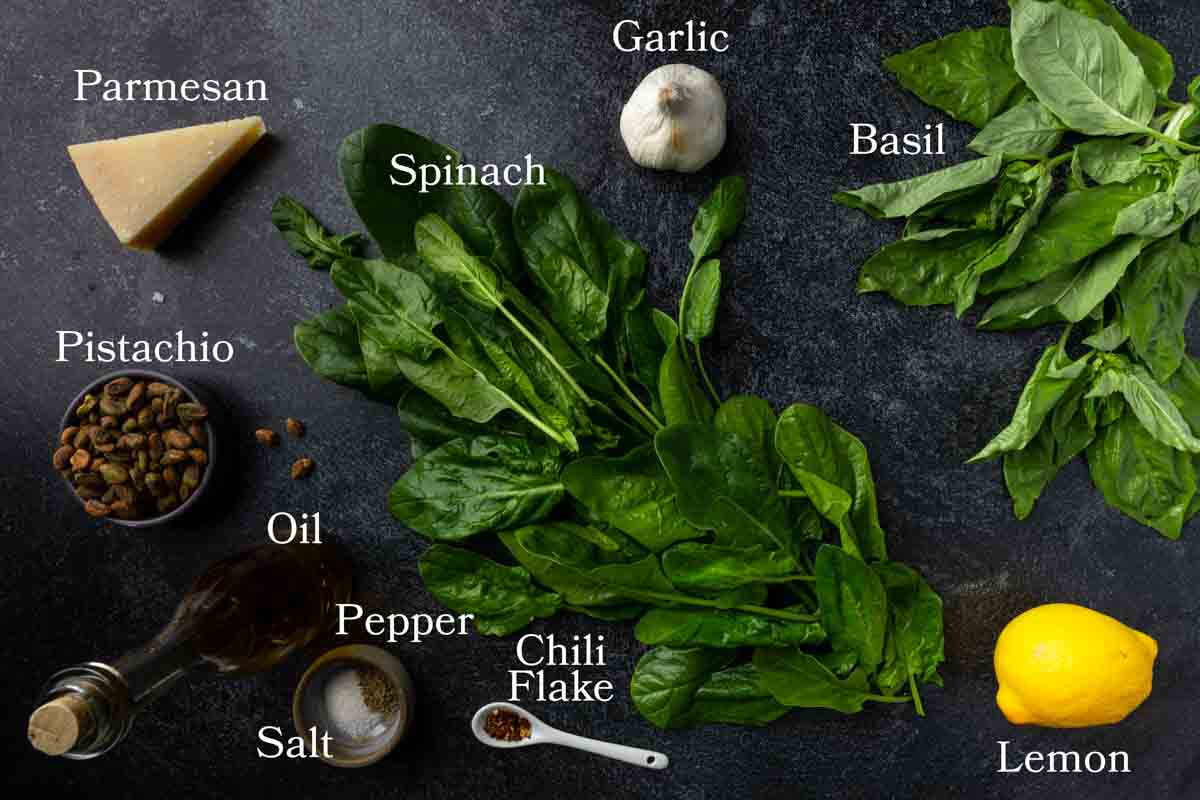 Ingredients for spinach pesto with pistachios. 