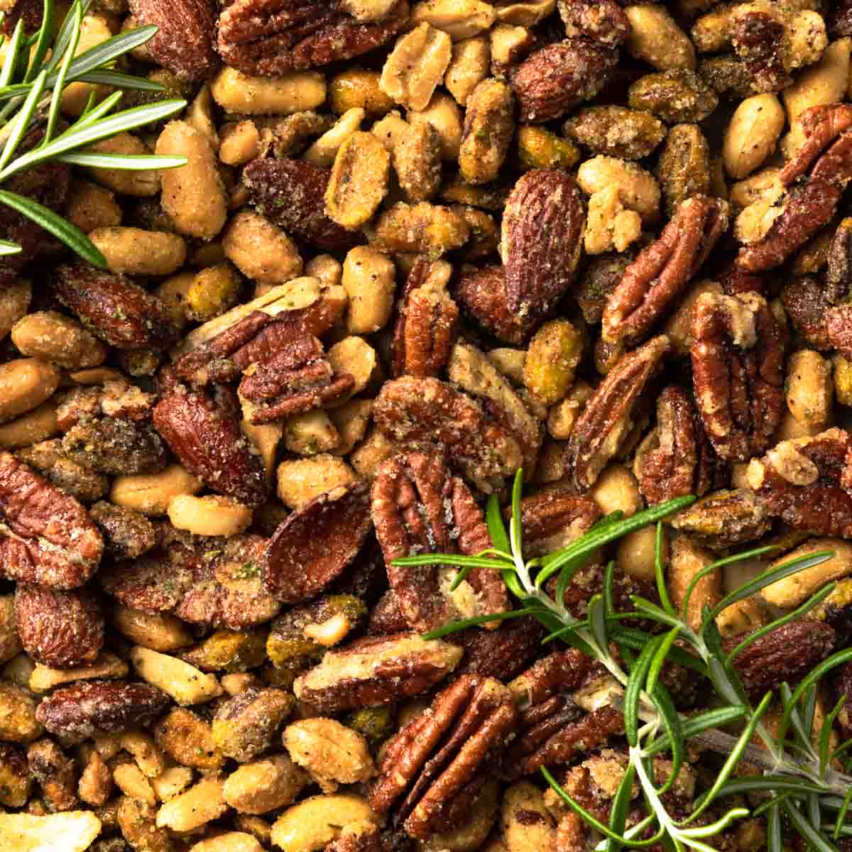 A close up image of rosemary candied nuts with fresh sprigs of rosemary. 
