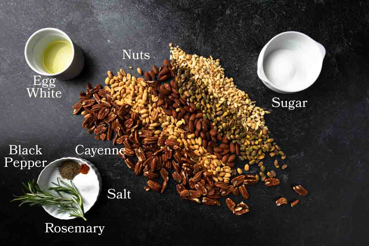 Ingredients needed to make rosemary candied nuts.