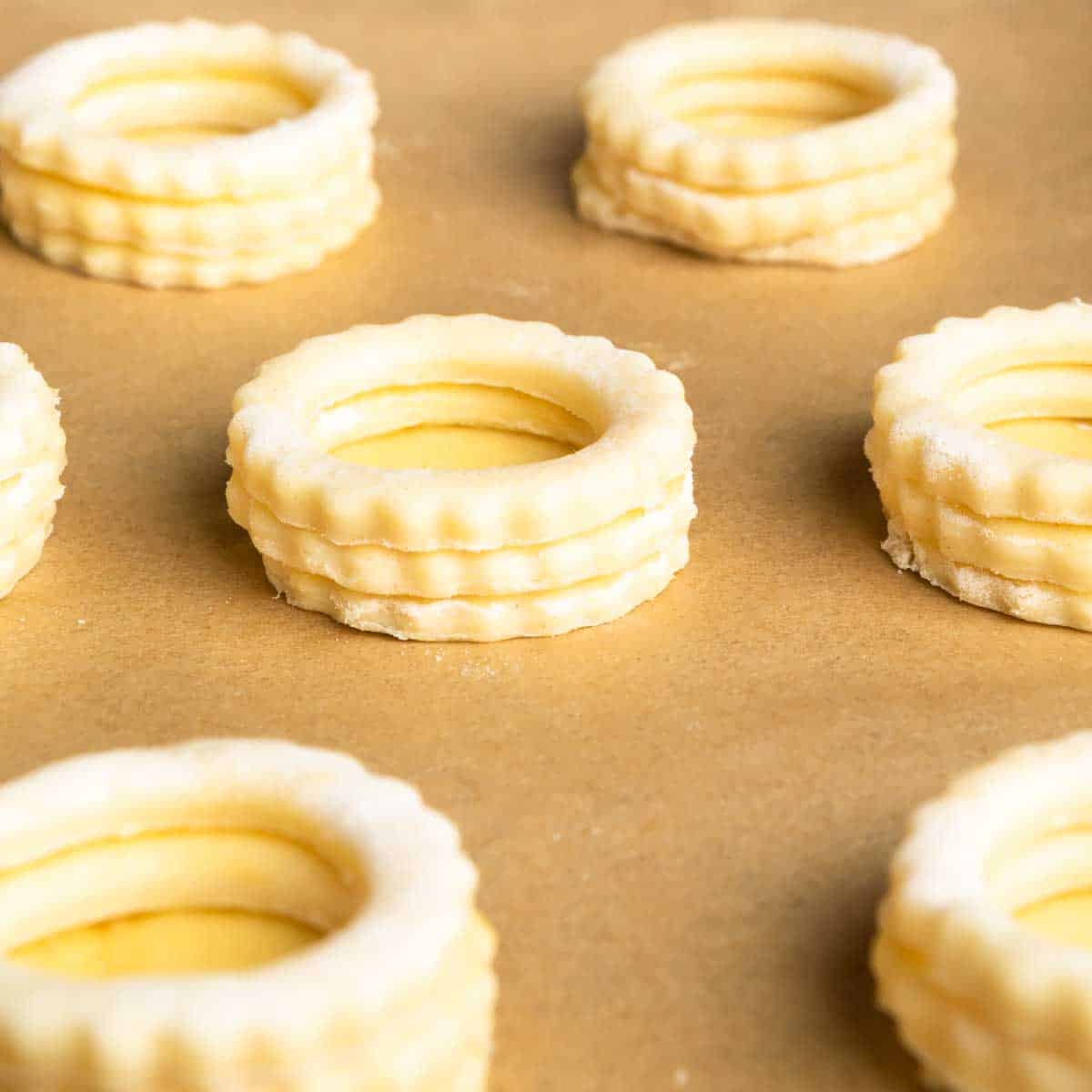 A close up of the unbaked vol-au-vent cups from a 45 degree angle. 