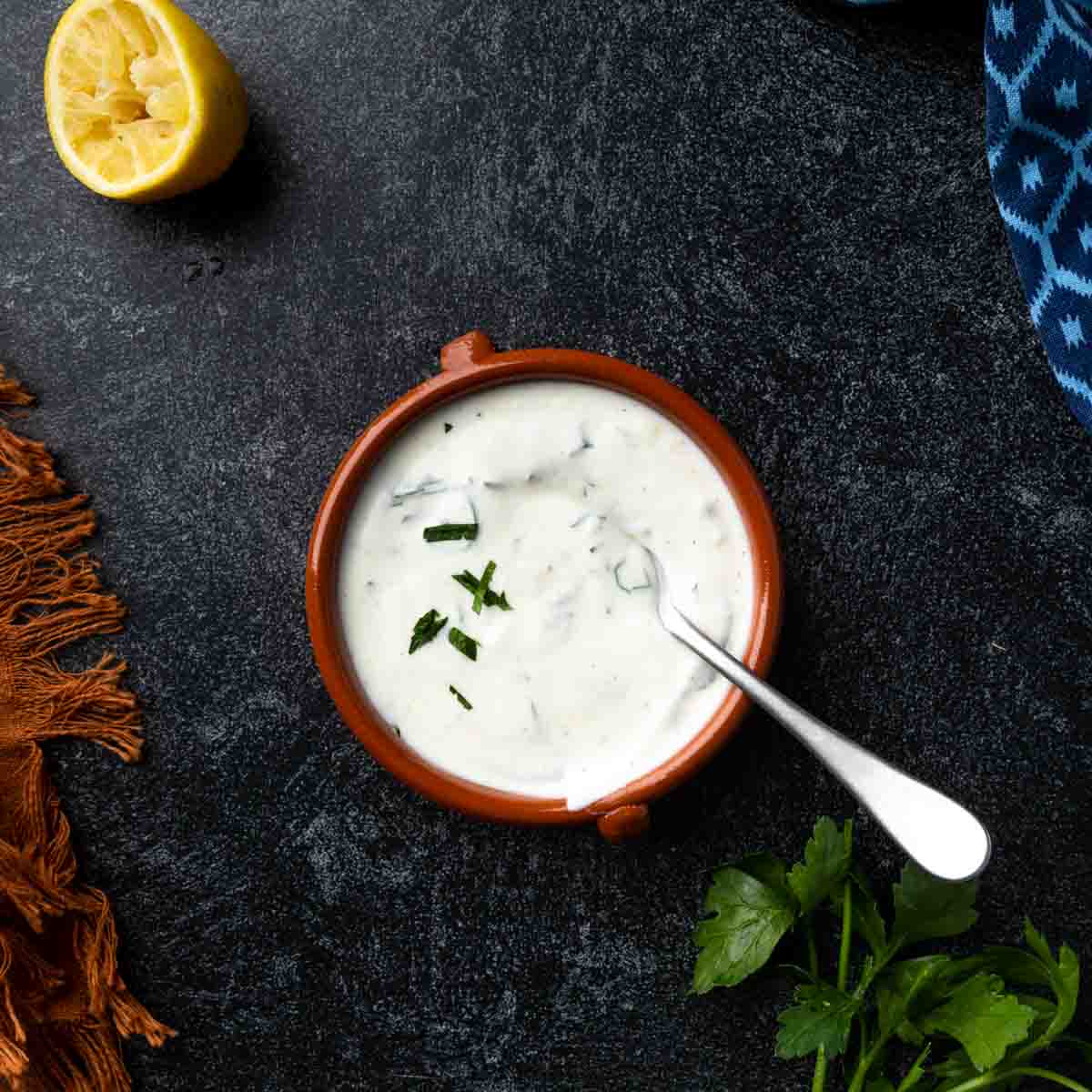 A dish of creamy yogurt sauce garnished with a touch of parsley.