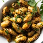 Simple frilled fingerling potatoes with lemon juice, olive oil and chopped parley.