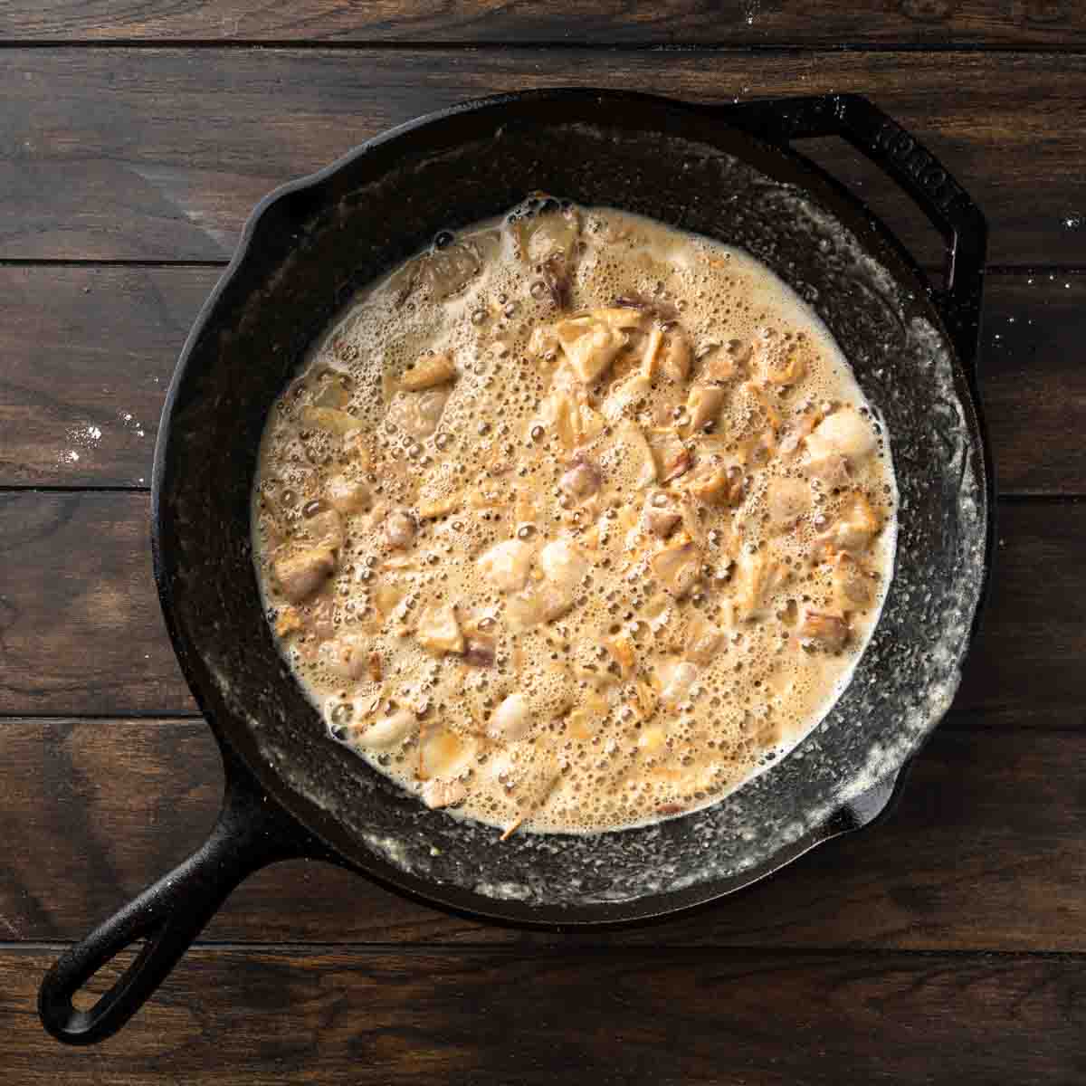 A golden roux simmering in the pot.