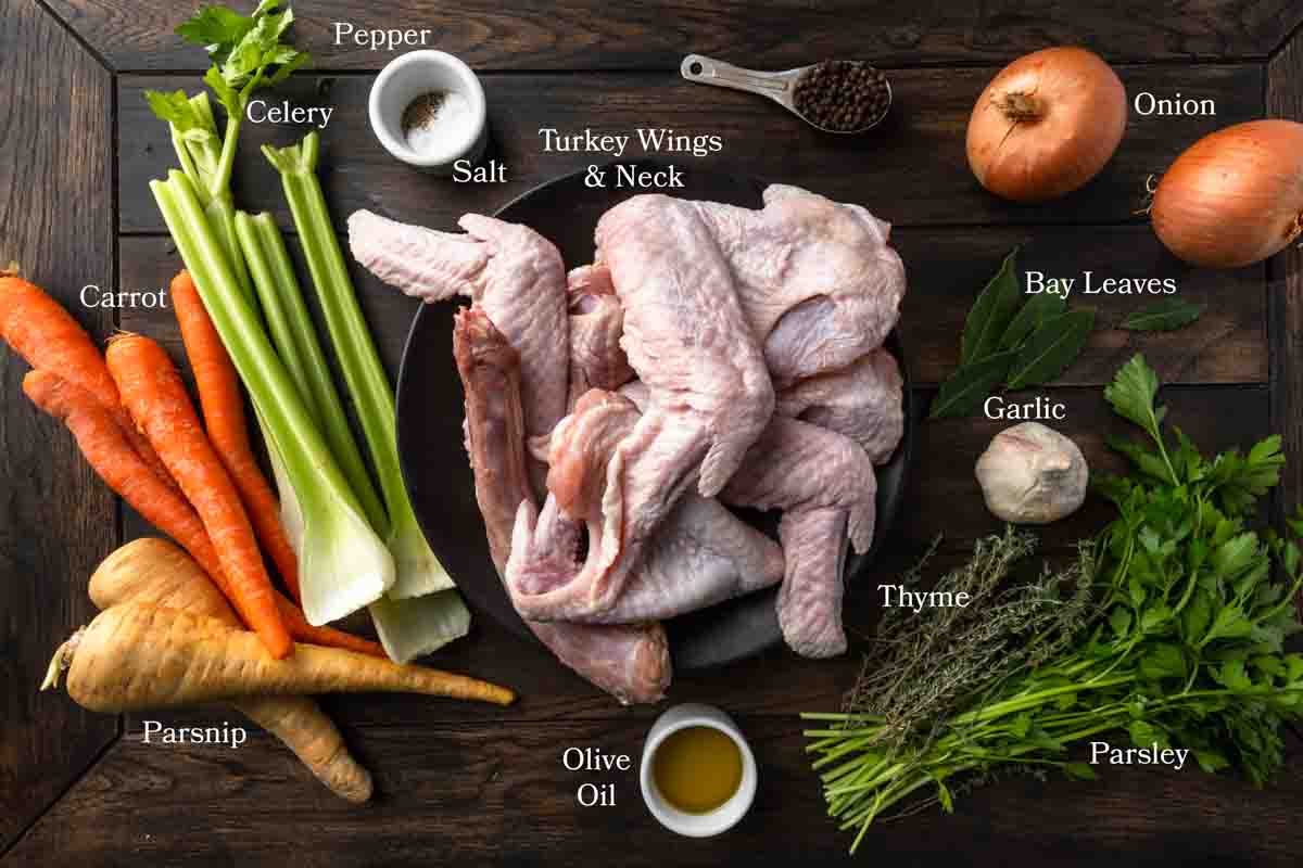 Ingredients needed to make turkey stock. 