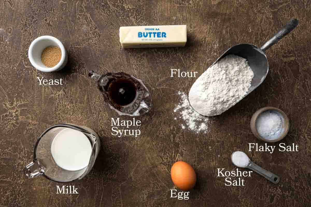 Ingredients needed to make maple dinner rolls and salted maple butter.