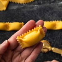 A hand holding up a single agnolotti pasta pocket.